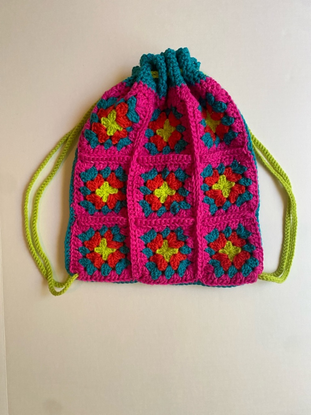 Kids Handmade Pink Crochet Drawstring Backpack with Multicolor Accents